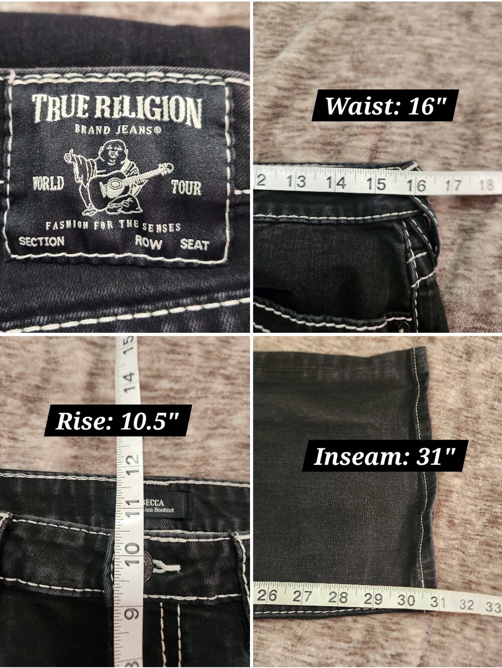 True Religion Becca Mid Rise Bootcut Big T Black Distressed Contrast Stitch Jean - Picture 14 of 14